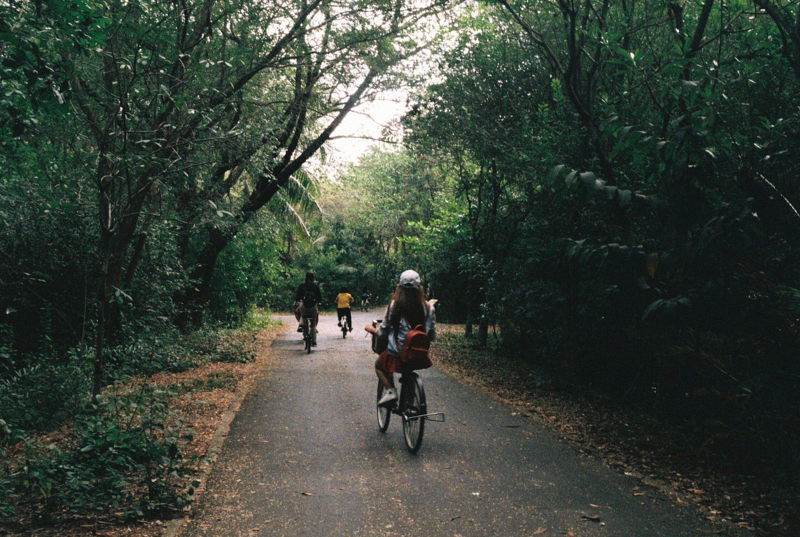 A group of cyclists laughing together during an e-bike tour in a forest