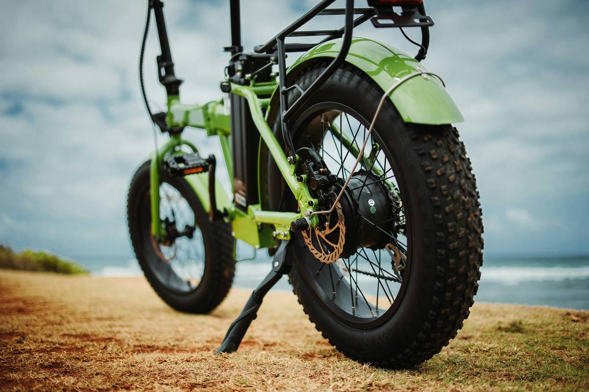 Man riding a green ebike along a scenic trail surrounded by trees