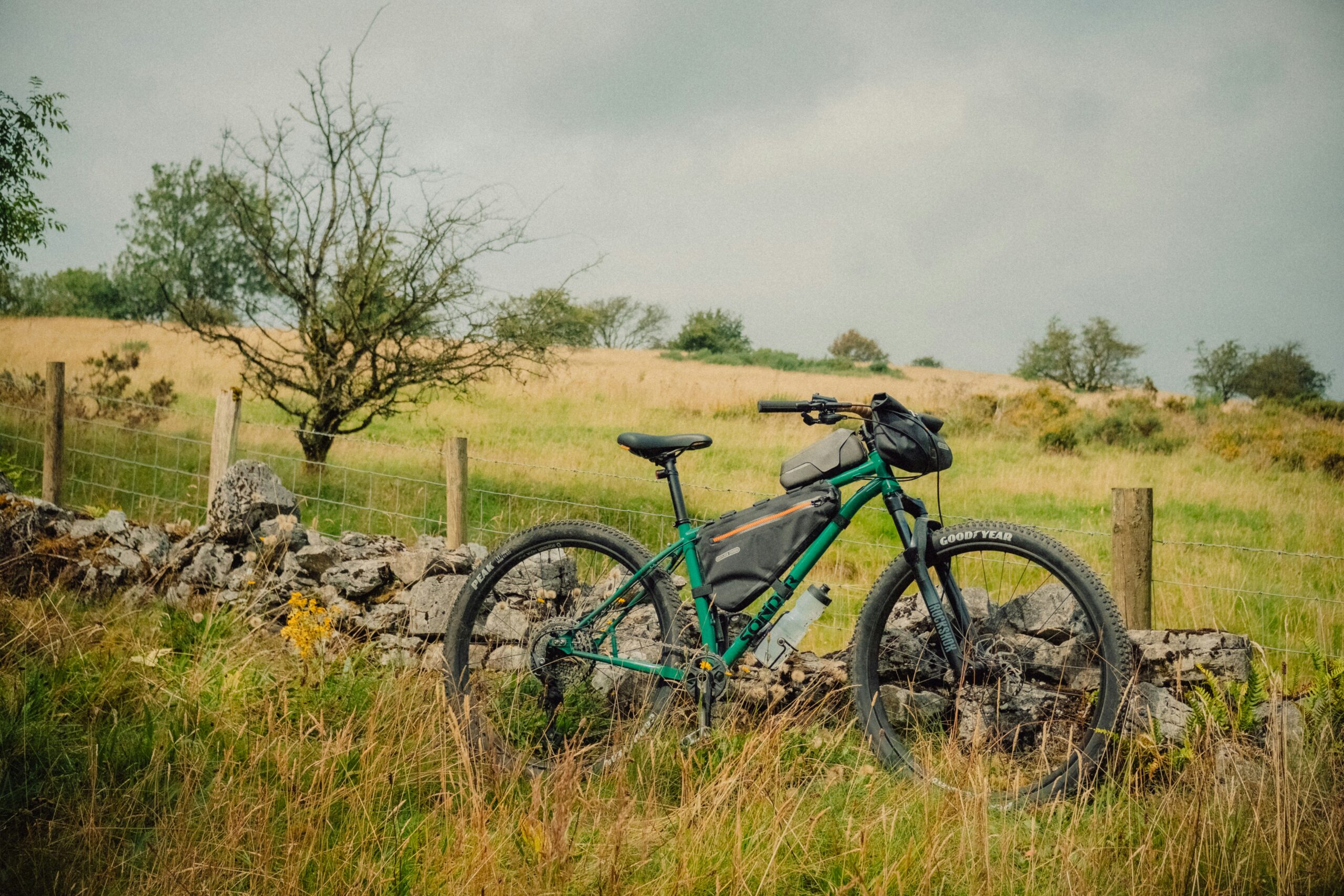 A bike leaning against a stone wall in a field